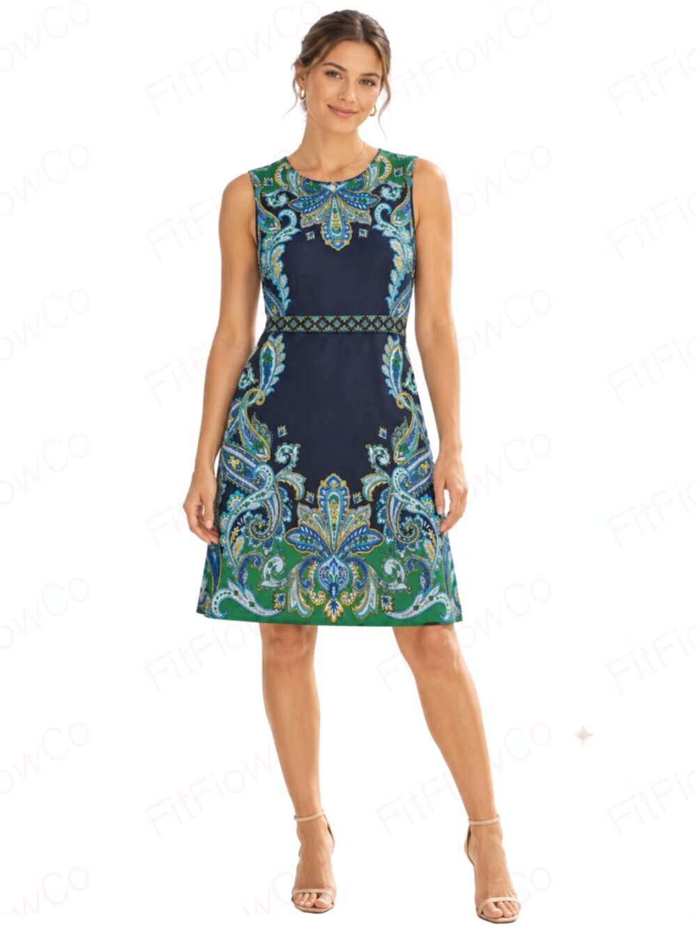 London Times Paisley Border Print A-Line Dress Navy Aqua Size 12